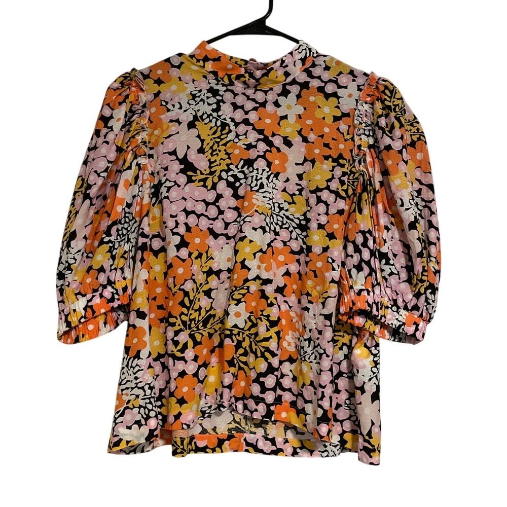 Ted Baker Floral Boxy Shirt Puff Sleeve Blouse Prairie High Neck– Size 5 Large - Picture 2 of 7
